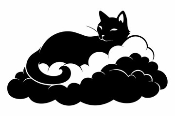 cat resting on a bed of soft clouds line art silhouette vector illustration