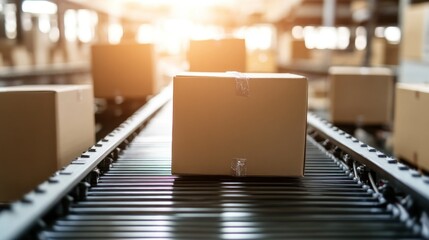 Boxes Move Along a Conveyor Belt Within a Warehouse Setting