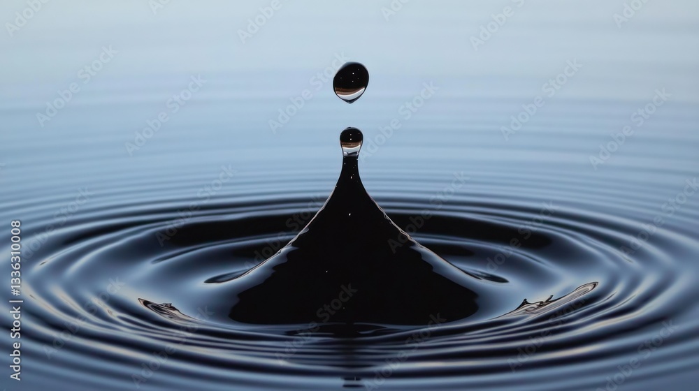 Poster a single water droplet creating ripples upon a smooth surface