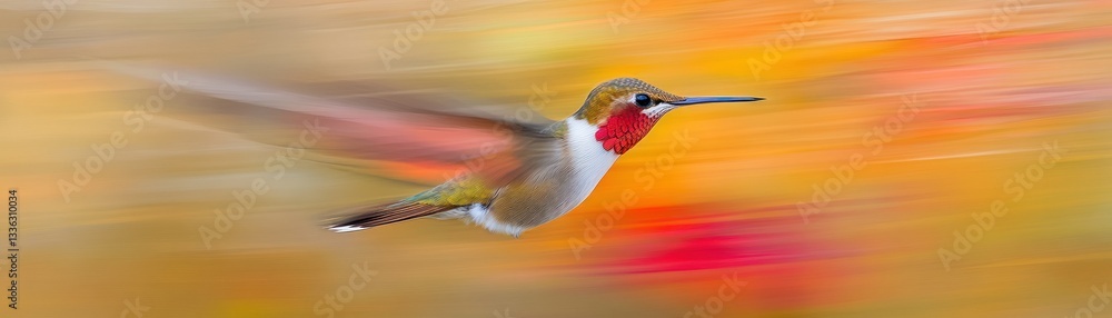 Poster a hummingbird in full flight against a blurred colorful background