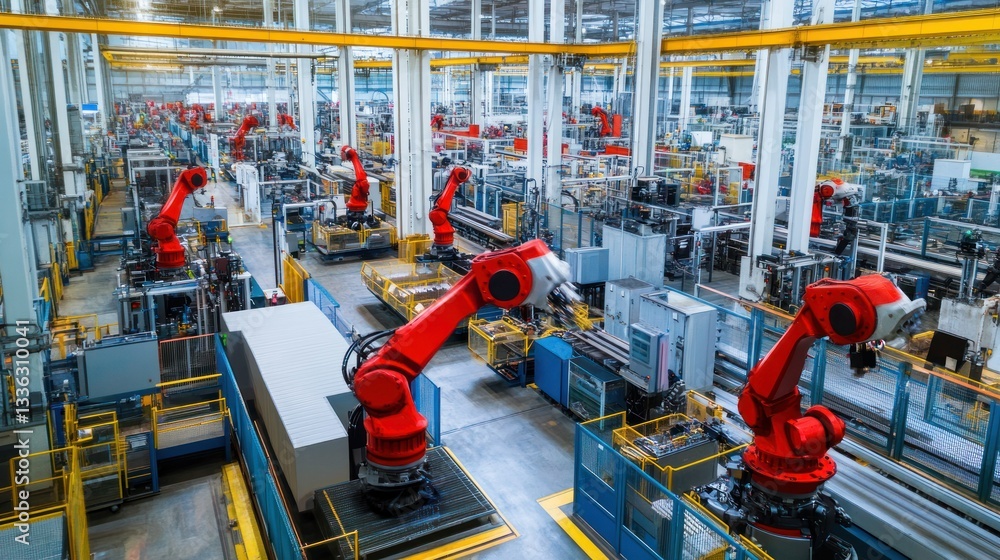 Aufkleber An Automated Factory Features Many Industrial Robots Working Together