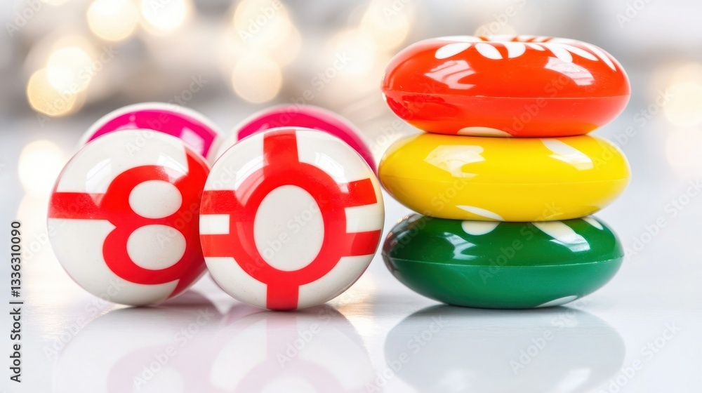 Poster Colorful patterned objects are stacked and arranged on a surface