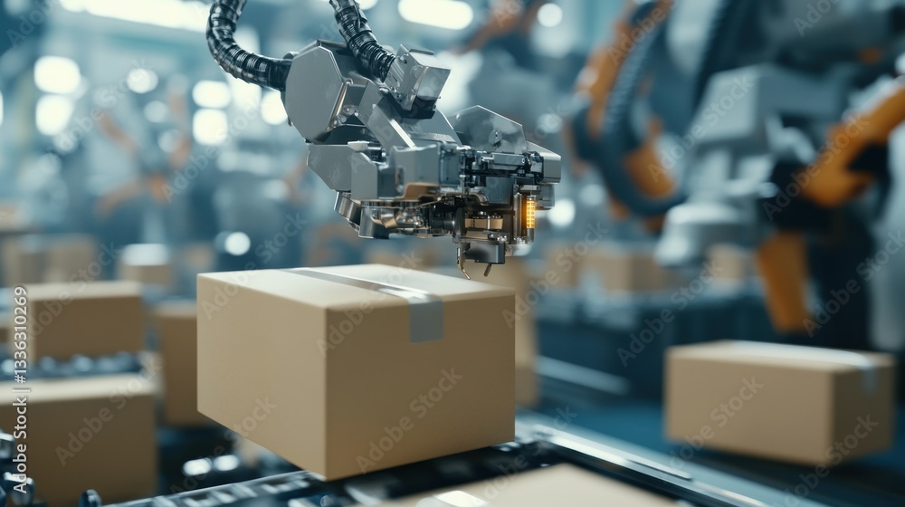 Poster industrial robotic arm picking up cardboard box on assembly line