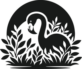 black and white flamingo with a bush