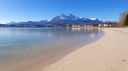 A tranquil scene featuring mountains and a serene body of water