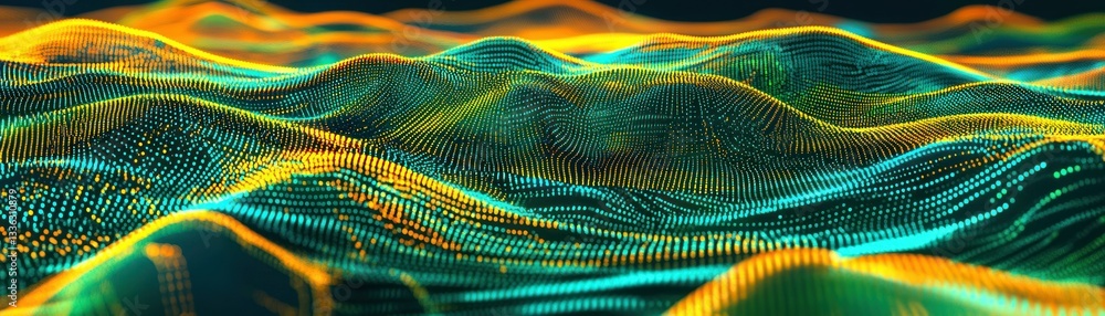 Poster abstract illustration of digital data forming flowing landscape waves