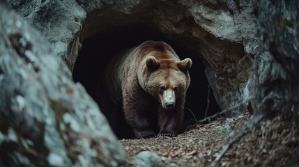 A majestic brown bear emerging from a rocky cave in a serene forest setting, surrounded by lush greenery