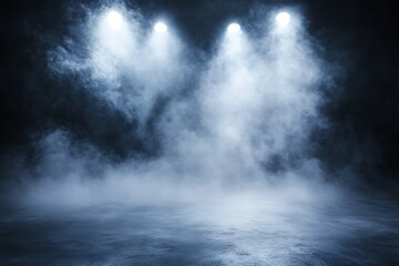 Fototapeta premium Dark smoky room with three bright spotlights.