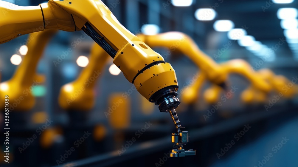 Poster automated yellow robotic arms operating in a modern manufacturing facility