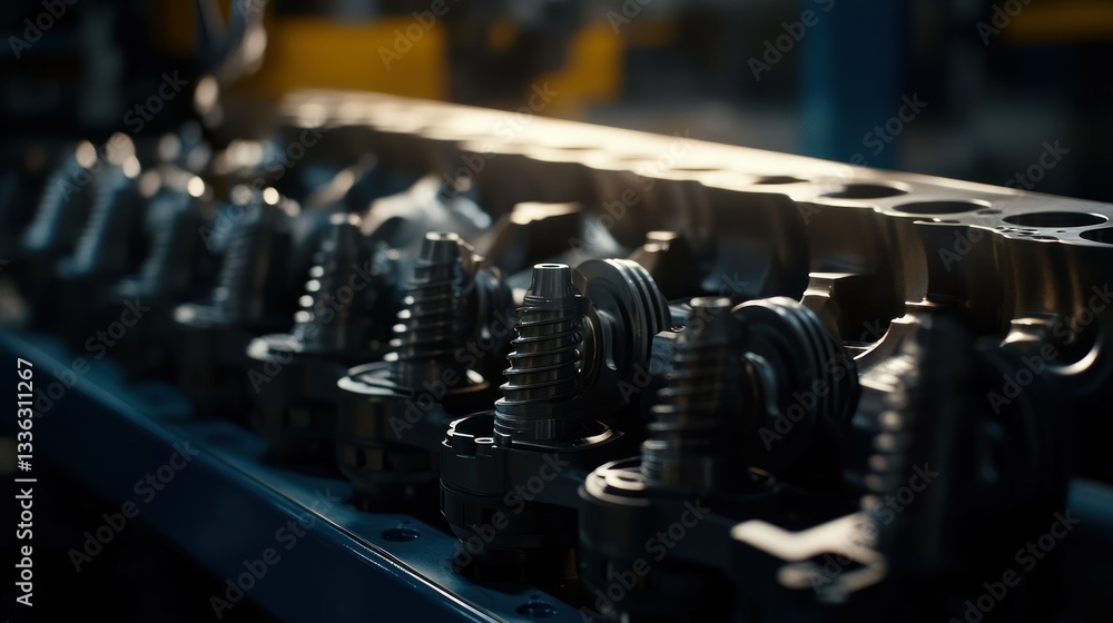 Poster precision machinery components arranged on an industrial factory assembly line