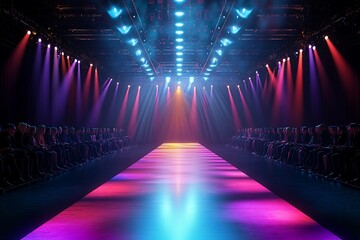 Runway fashion show stage with colorful lighting and audience.