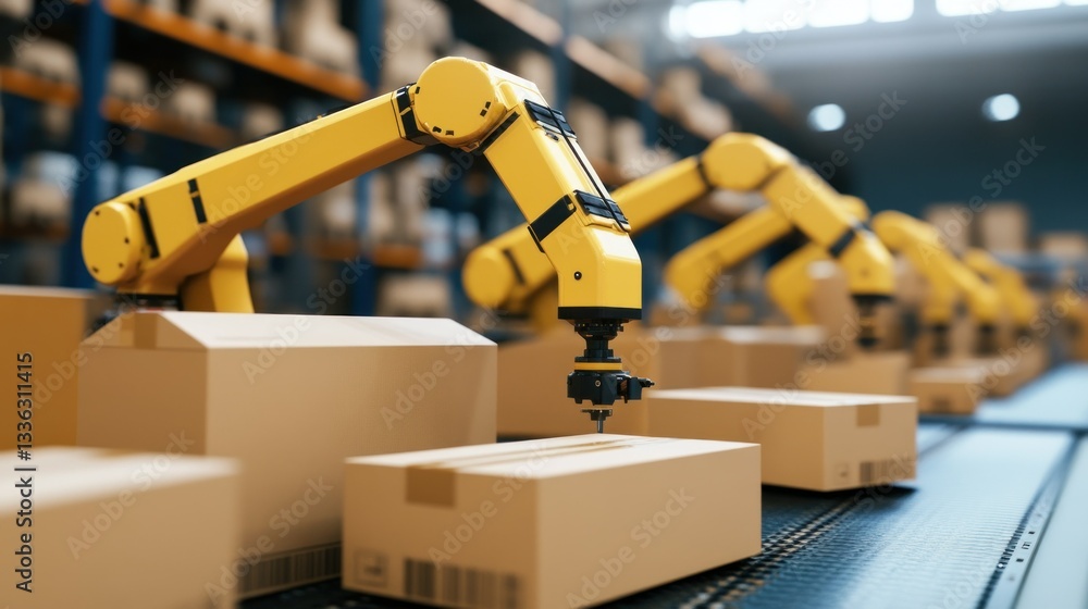 Poster automated robotic arms working in a modern logistics warehouse setting