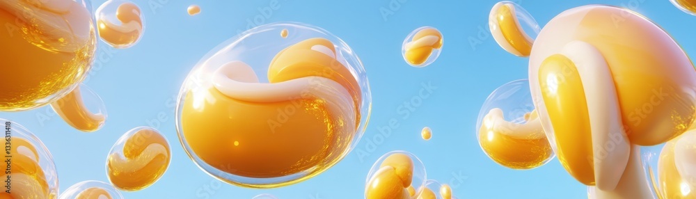 Aufkleber floating orange fluid forms inside clear transparent protective bubbles
