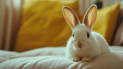 Obraz premium A cute white rabbit resting on a cozy couch with yellow cushions in a bright, inviting living room setting