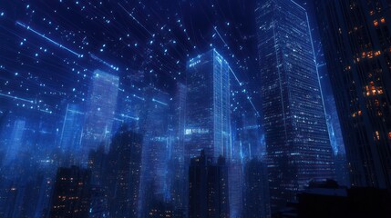 Fototapeta premium Futuristic city skyline at night with digital network. Possible use stock photo for technology, future, or urban design