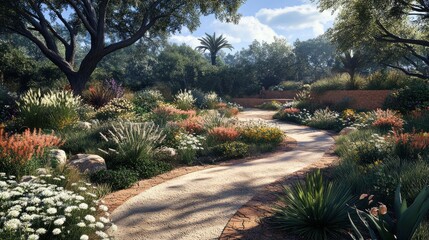 Serene Garden Pathway Surrounded by Lush Greenery and Flowers