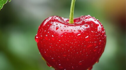 Ripe cherry with glossy red skin and water droplets, green stem, isolated on blurred background. Freshness and natural beauty in focus.