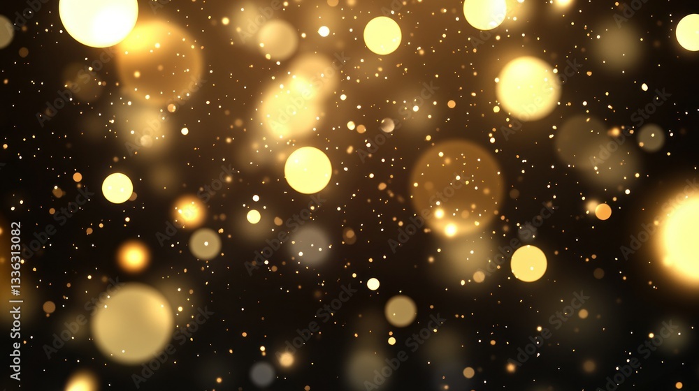 Poster Golden Orbs and Tiny Sparkling Particles Float Against Black Background