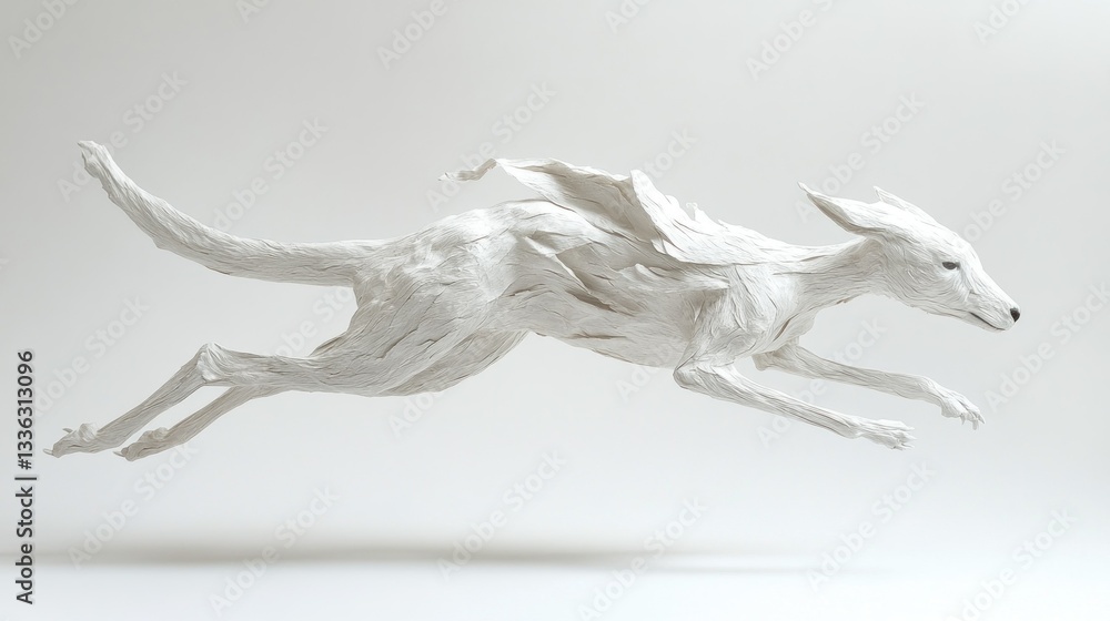 Poster a white sculpture depicts a running canine with winglike structures