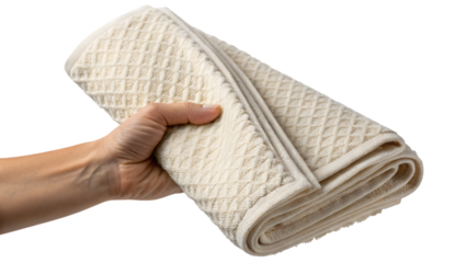 hand holding a towel isolated on white