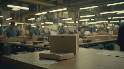 Boxes sitting on a wooden table in a large manufacturing facility
