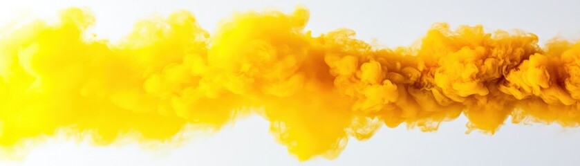 A stream of yellow smoke clouds against a white background