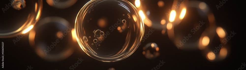 Poster Transparent spherical bubbles floating against a dark and illuminated background