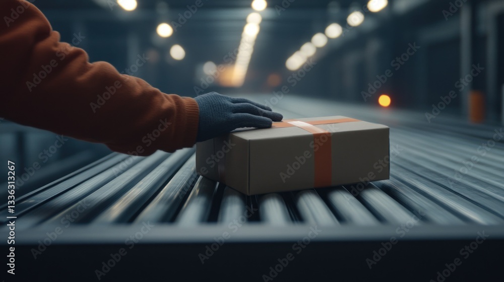 Poster an individual handling a cardboard package on a conveyor belt system