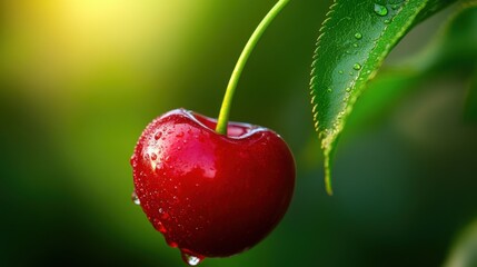 Ripe cherry with glossy red skin and water droplets, green stem, isolated on blurred background. Freshness and natural beauty in focus.