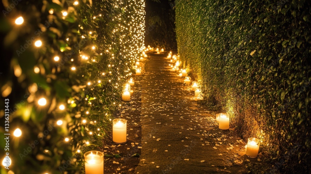 Poster a dark pathway is illuminated by glowing candles and lights