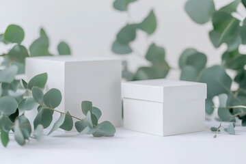 Minimalist White Boxes with Eucalyptus Leaves Product Mockup for Branding