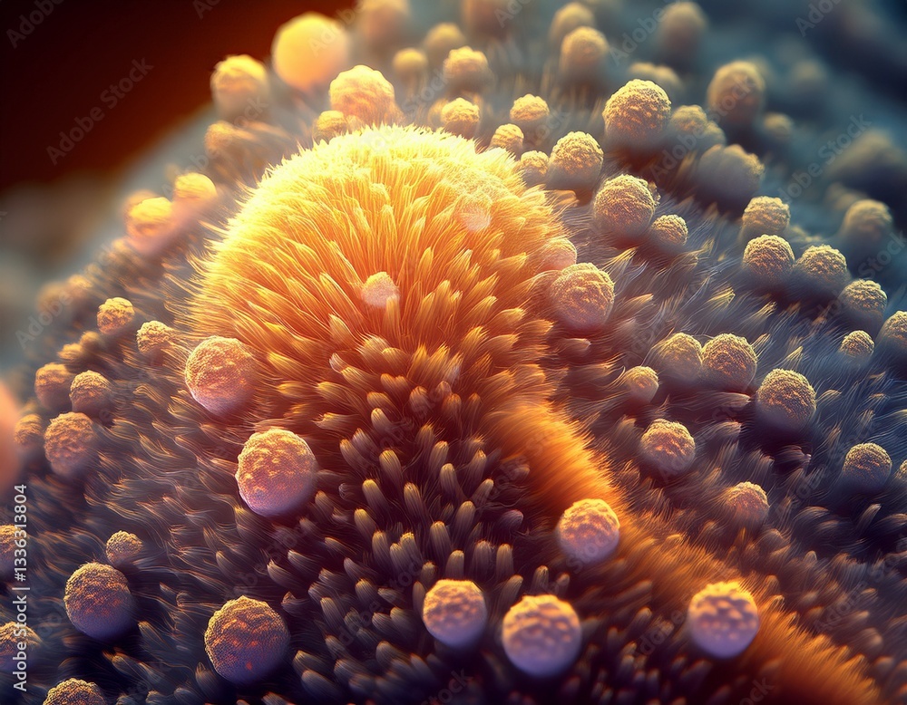 Poster electron microscope-inspired imagery of a textured bacterial cell covered in soft light 9762.