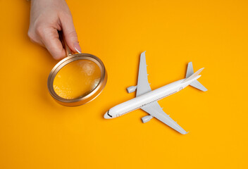 A woman examines a passenger plane with a magnifying glass. Quality and technical inspections of...