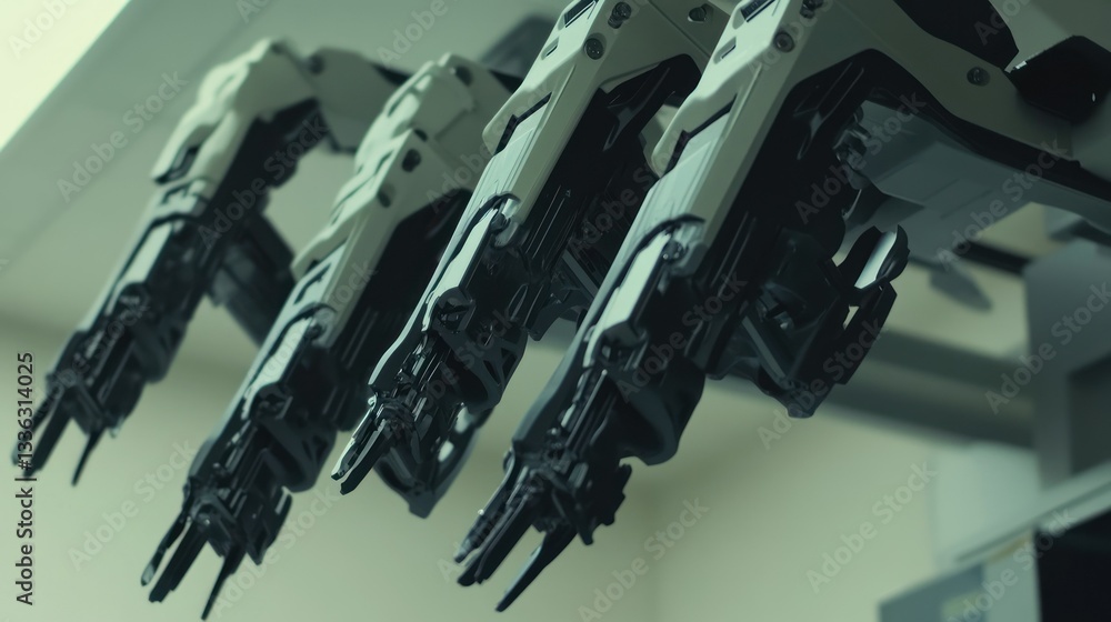 Poster Multiple robotic arms are arranged in a close up view
