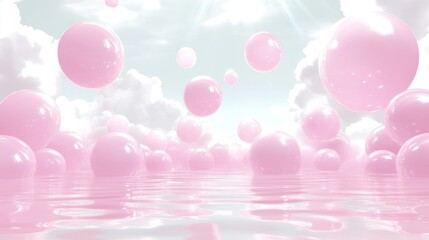 Pink spheres float above reflective water under a cloudy sky
