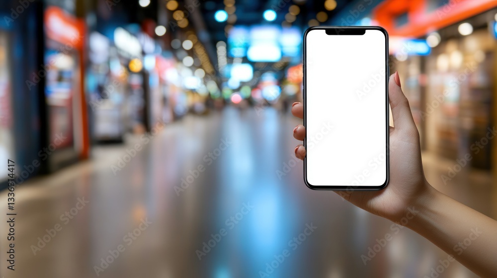 Aufkleber a handheld smart phone displaying a blank white screen in a mall