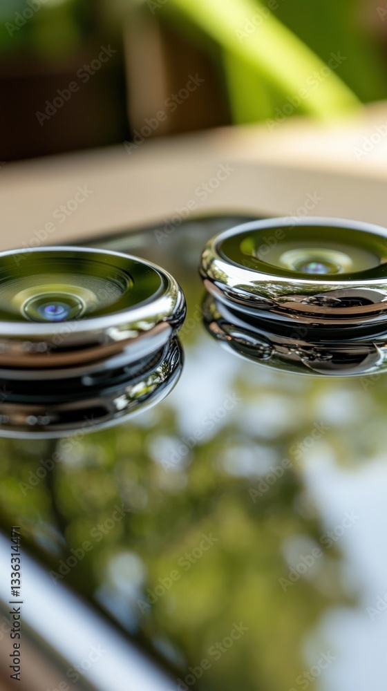 Poster Two shiny objects reflecting their surroundings on a surface
