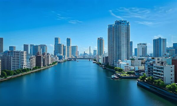 Cityscape, river, bridge, buildings, sunny day, aerial view, urban landscape, stock photo