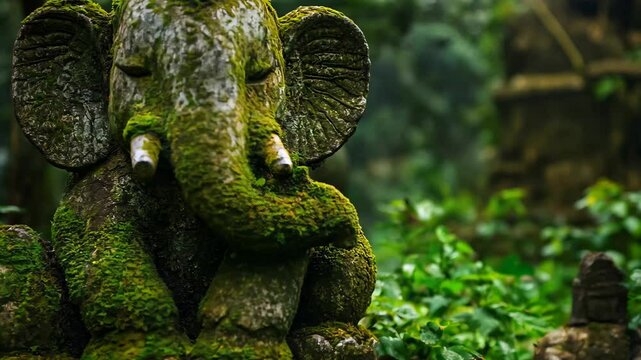 A serene stone elephant statue covered in lush green moss, nestled within a dense jungle. The image captures a mystical and ancient atmosphere, with surrounding greenery 