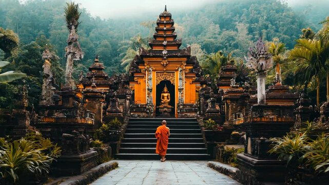 A Buddhist monk dressed in a traditional orange robe walks along a stone pathway towards an ornate temple surrounded by lush greenery. The temple's intricate carvings, golden Buddha statue, and misty 