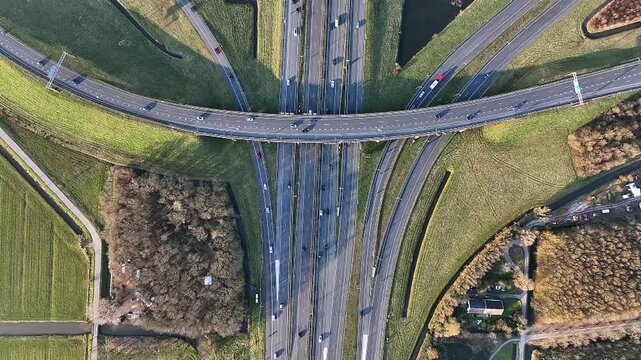 Aerial from the oldest junction in the Netherlands, called Oudenrijn. An intersection with the highways A2 and A12 near Utrecht in the Netherlands