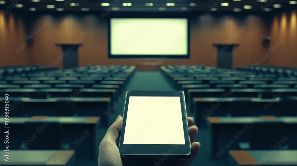 Poster a person holding a tablet in a large empty auditorium