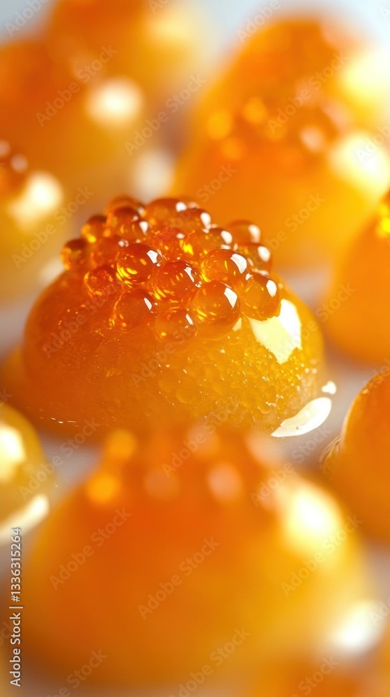 Poster close up image displays multiple golden caviar like food portions