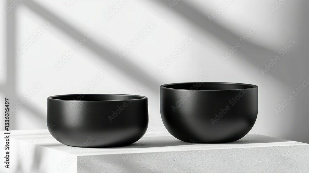 Poster two black bowls arranged on a white cube surface