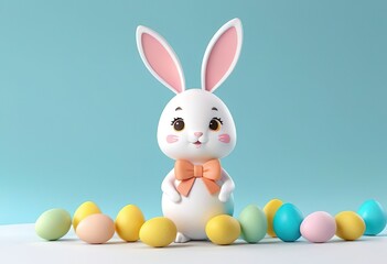 Cute 2025 easter banner, card, cute white easter bunny with pink bow, colored easter eggs around, easter symbols, blue background