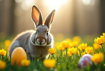 Fototapeta premium Cute funny rabbit sits on the lawn among yellow flowers and Easter eggs, Easter banner 2026