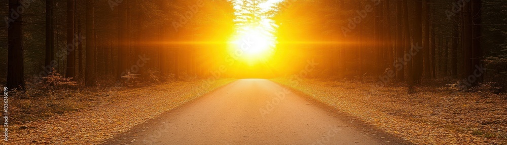 Poster sunlight shines at the end of a road through a forest