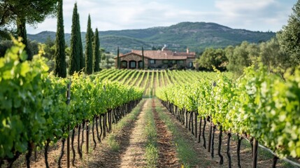 Naklejka premium Scenic vineyard vista featuring rows of grapevines and a rustic villa backdrop