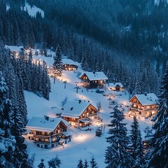 wooden chalets in serene snowy landscape image