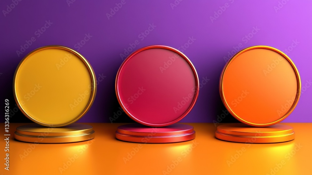 Poster Three colorful circular platforms with a gradient background are shown here